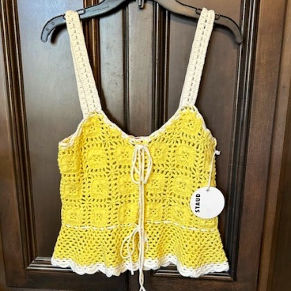 Staud Shirmp 100% Cotton Sleeveless Crochet Peplum Top in Yellow/White